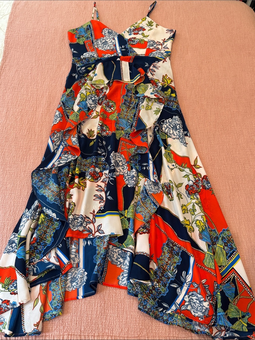 Large wm’s scarf print / Floral Patchwork Maxi Dress - Navy, Red, yellow & ecru